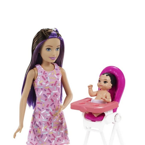 Barbie Bébiszitter Játékszett - Rózsaszín Ruhás Barna-Lila Hajú