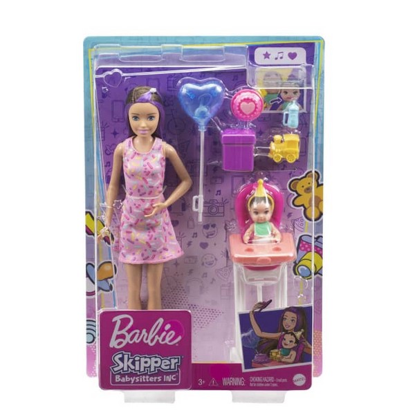 Barbie Bébiszitter Játékszett - Rózsaszín Ruhás Barna-Lila Hajú
