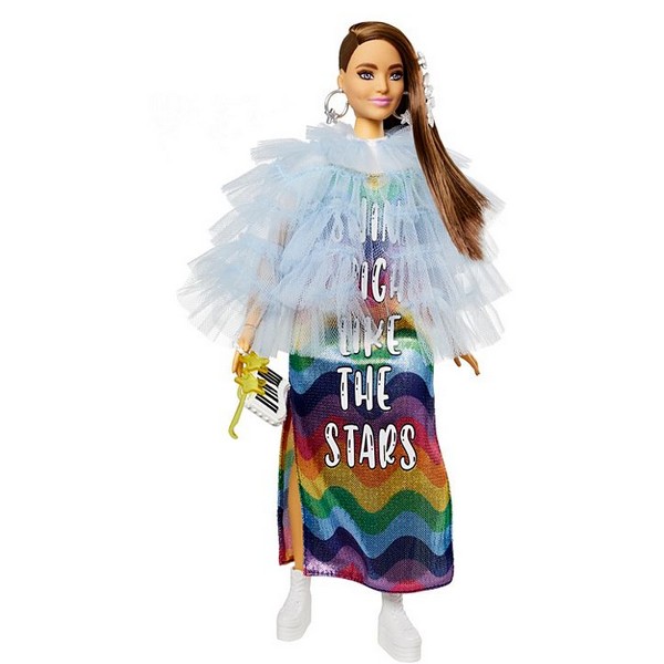 Barbie Extravagáns Baba - Szivárvány Csíkos Ruhában