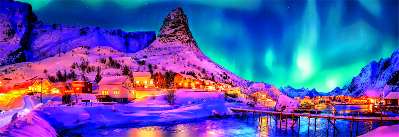 Clementoni Puzzle 1000 db HQC Panoráma - Színes éjszakai égbolt a Lofoten-szigetek felett